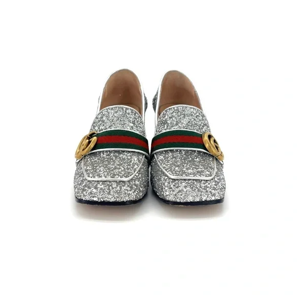 Gucci Web Stripe GG Peyton Silver Glitter Square Toe Platform Heeled Loafers 36 - Picture 7 of 10